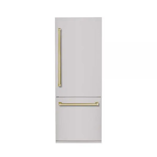 Hallman Industries 30 Inch Interior Filtered Water Dispenser and Bottom Mount Freezer Refrigerator Built In, with Automatic Ice Maker, and Hinge in Bold Brass Trim with Stainless Steel Panel Right Hand