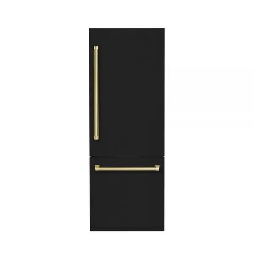Hallman Industries 30 Inch Bottom Mount Freezer Refrigerator Built In, with Interior Filtered Water Dispenser and Automatic Ice Maker, and Hinge in Bold Brass Trim with Glossy Black Panel Right Hand
