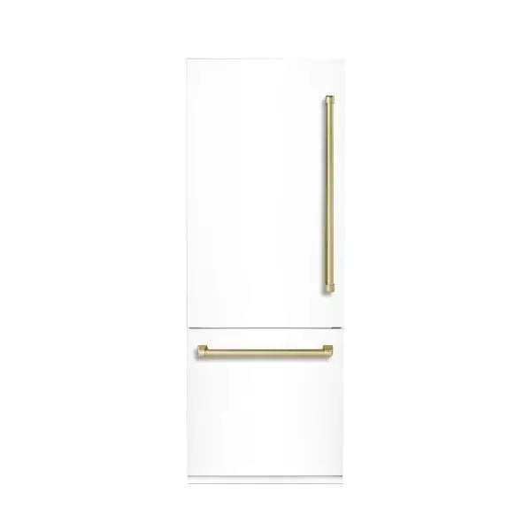 Hallman Industries 30 Inch Interior Filtered Water Dispenser and Bottom Mount Freezer Refrigerator Built In, with Automatic Ice Maker, and Hinge in Bold Brass Trim with White Panel Left Hand