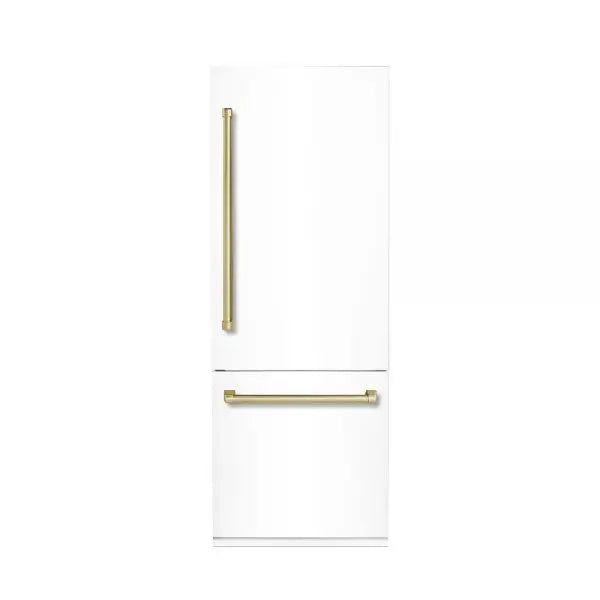 Hallman Industries 30 Inch Interior Filtered Water Dispenser and Bottom Mount Freezer Refrigerator Built In, with Automatic Ice Maker, and Hinge in Bold Brass Trim with White Panel Right Hand