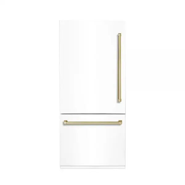 Hallman Industries 36 Inch Built-In Bottom Mount Freezer Refrigerator with Water Dispenser Automatic Ice Maker Bold Brass Trim and White Panel Left Hand