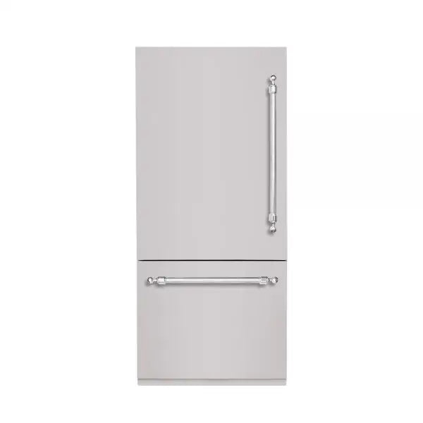 Hallman Industries 36 Inch Built-In Bottom Mount Freezer Refrigerator with Water Dispenser Automatic Ice Maker Classico Chrome Trim and Stainless Steel Panel Left Hand
