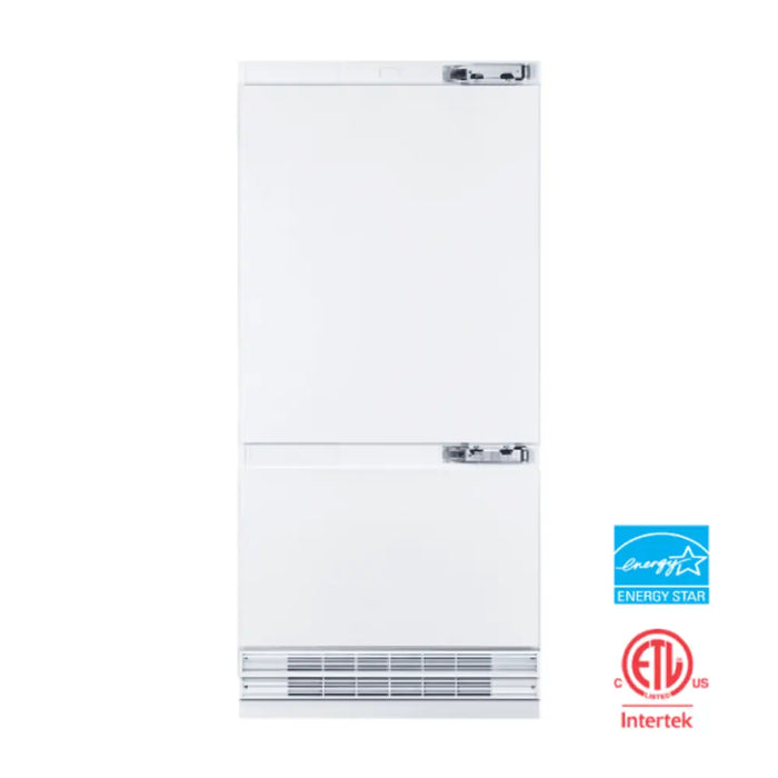 Hallman Industries 36 Inch Built-In Bottom Mount Freezer Refrigerator with Water Dispenser Automatic Ice Maker Classico Trim and White Panel Without Panel