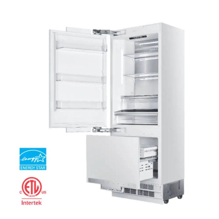 Hallman Industries 36 Inch Built-In Bottom Mount Freezer Refrigerator with Water Dispenser Automatic Ice Maker Classico Trim and White Panel Left View