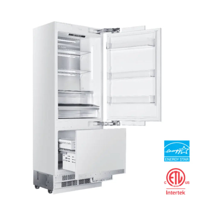 Hallman Industries 36 Inch Built-In Bottom Mount Freezer Refrigerator with Water Dispenser Automatic Ice Maker Classico Chrome Trim and White Panel Right View