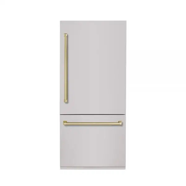 Hallman Industries 36 Inch Built-In Bottom Mount Freezer Refrigerator with Water Dispenser Automatic Ice Maker Bold Brass Trim and Stainless Steel Panel Right Hand