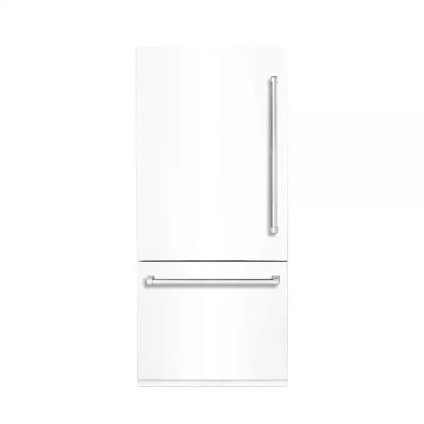Hallman Industries 36 Inch Built-In Bottom Mount Freezer Refrigerator with Water Dispenser Automatic Ice Maker Bold Chrome Trim and White Panel Left Hand