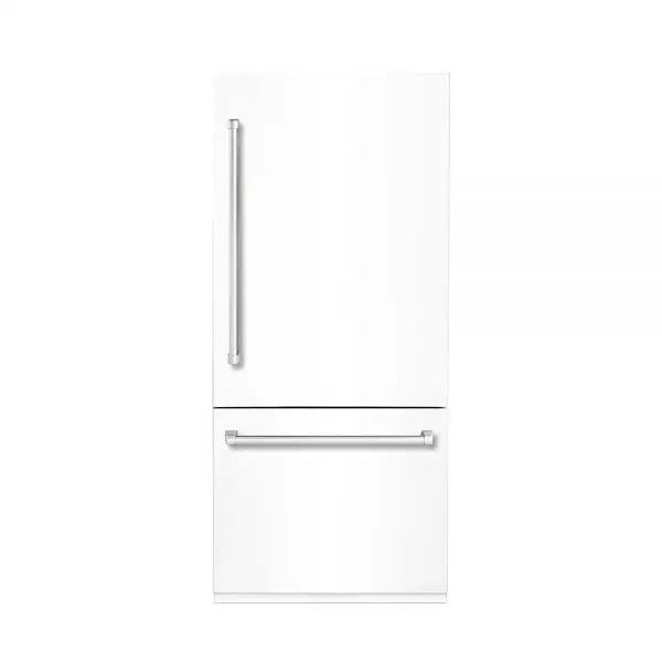 Hallman Industries 36 Inch Built-In Bottom Mount Freezer Refrigerator with Water Dispenser Automatic Ice Maker Bold Chrome Trim and White Panel Right Hand