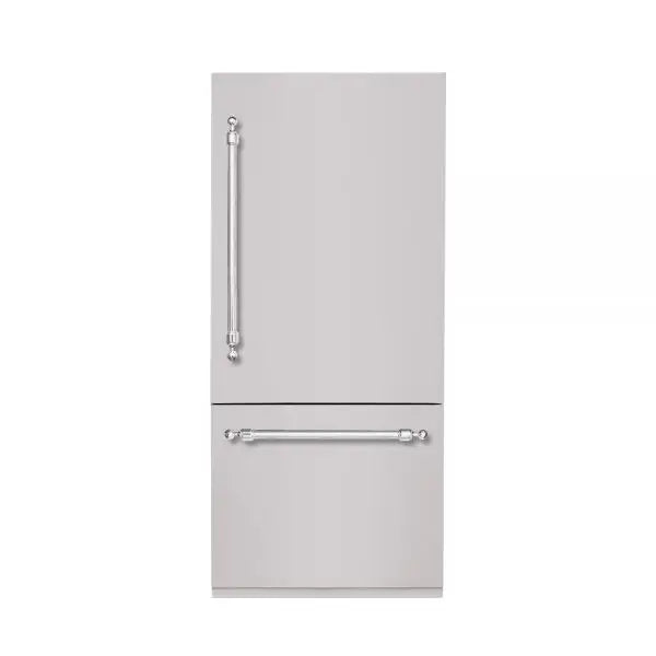 Hallman Industries 36 Inch Built-In Bottom Mount Freezer Refrigerator with Water Dispenser Automatic Ice Maker Classico Chrome Trim and Stainless Steel Panel Right Hand