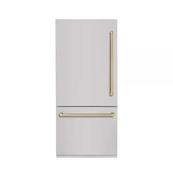 Hallman Industries 36 Inch Built-In Bottom Mount Freezer Refrigerator with Water Dispenser Automatic Ice Maker Bold Brass Trim and Stainless Steel Panel Left Hand