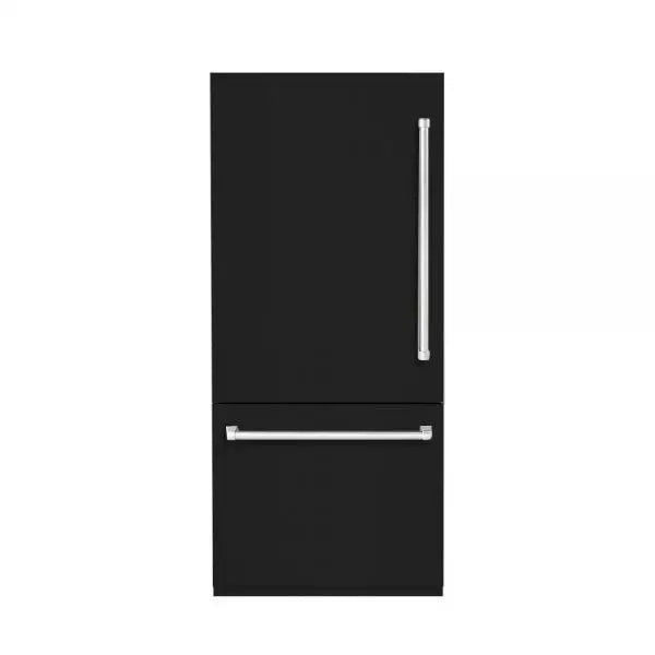 Hallman Industries 36 Inch Built-In Bottom Mount Freezer Refrigerator with Water Dispenser Automatic Ice Maker Bold Chrome Trim and Glossy Black Panel Left Hand