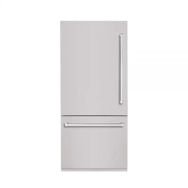 Hallman Industries 36 Inch Built-In Bottom Mount Freezer Refrigerator with Water Dispenser Automatic Ice Maker Bold Chrome Trim and Stainless Steel Panel Left Hand