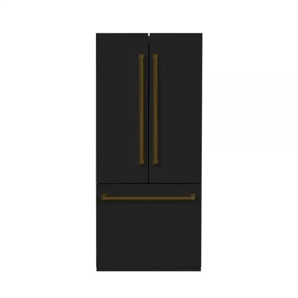 Hallman Industries 36 Inch Built-In French Door, Bottom Mounted Freezer with Water Despenser Automatic Ice Maker Bold Bronze Handles Glossy Black