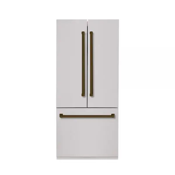 Hallman Industries 36 Inch Built-In French Door, Bottom Mounted Freezer with Water Despenser Automatic Ice Maker Bold Bronze Handles Stainless Steel