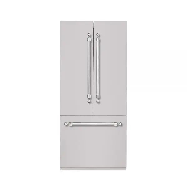 Hallman Industries 36 Inch Built-In French Door, Bottom Mounted Freezer with Water Despenser Automatic Ice Maker Classico Chrome Handles Stainless Steel