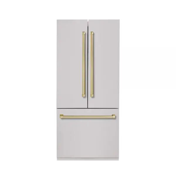 Hallman Industries 36 Inch Built-In French Door, Bottom Mounted Freezer with Water Despenser Automatic Ice Maker Bold Brass Handles Stainless Steel