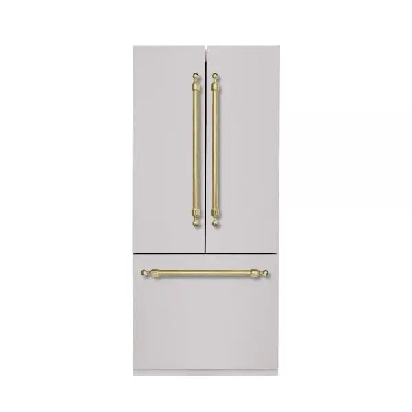 Hallman Industries 36 Inch Built-In French Door, Bottom Mounted Freezer with Water Despenser Automatic Ice Maker Classico Brass Handles Stainless Steel