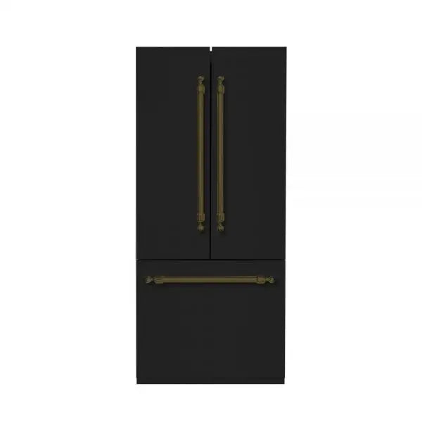 Hallman Industries 36 Inch Built-In French Door, Bottom Mounted Freezer with Water Despenser Automatic Ice Maker Classico Bronze Handles Glossy Black