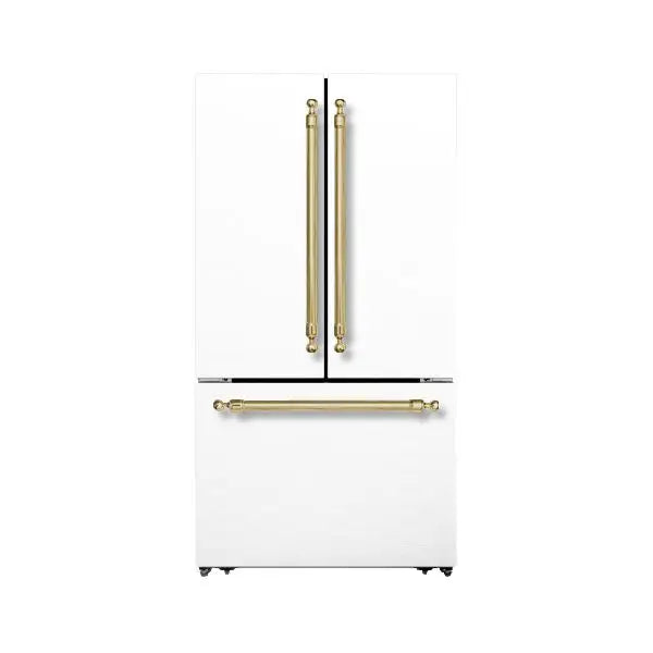 Hallman Industries 36 Inch Freestanding French Door, Counter Depth Refrigerator with Bottom Freezer Automatic Ice Maker Classico Brass Handles White