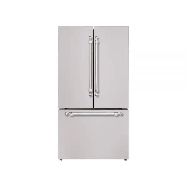 Hallman Industries 36 Inch Freestanding French Door, Counter Depth Refrigerator with Bottom Freezer Automatic Ice Maker Classico Chrome Handles Stainless Steel