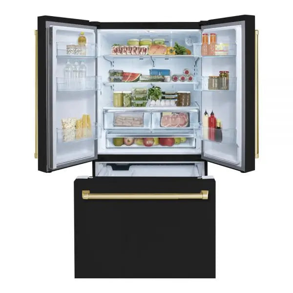 Hallman Industries 36 Inch Freestanding French Door, Counter Depth Refrigerator with Bottom Freezer Automatic Ice Maker Bold Brass Handles White Glossy Black Open View