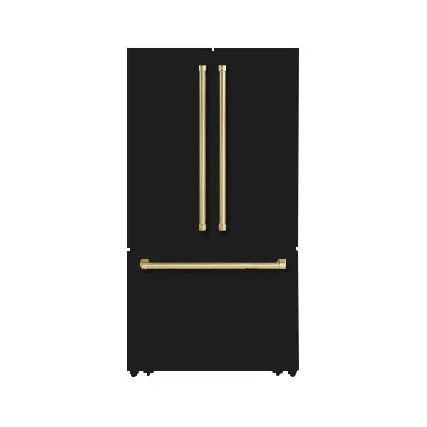 Hallman Industries 36 Inch Freestanding French Door, Counter Depth Refrigerator with Bottom Freezer Automatic Ice Maker Bold Brass Handles White Glossy Black