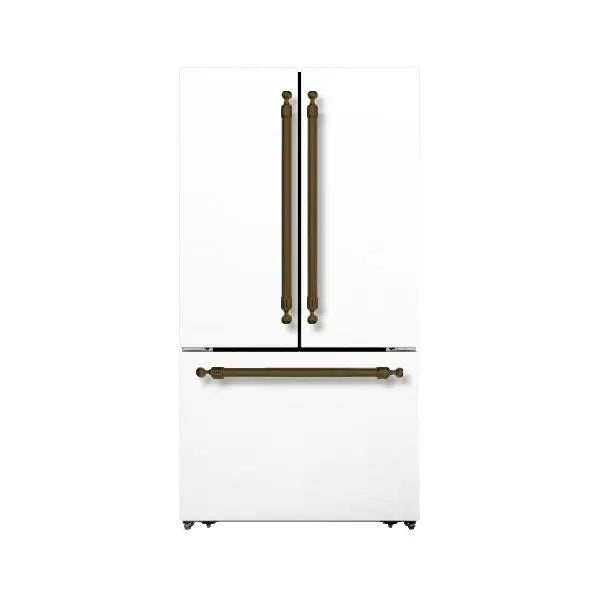 Hallman Industries 36 Inch Freestanding French Door, Counter Depth Refrigerator with Bottom Freezer Automatic Ice Maker Classico Bronze  Handles White
