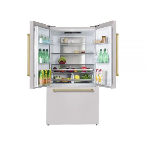 Hallman Industries 36 Inch Freestanding French Door, Counter Depth Refrigerator with Bottom Freezer Automatic Ice Maker Bold Brass Handles White Stainless Steel Open View