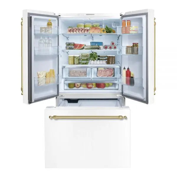 Hallman Industries 36 Inch Freestanding French Door, Counter Depth Refrigerator with Bottom Freezer Automatic Ice Maker Classico Brass Handles White Open View