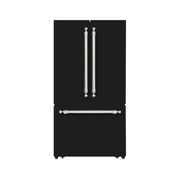 Hallman Industries 36 Inch Freestanding French Door, Counter Depth Refrigerator with Bottom Freezer Automatic Ice Maker Classico Chrome Handles Glossy Black