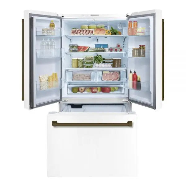 Hallman Industries 36 Inch Freestanding French Door, Counter Depth Refrigerator with Bottom Freezer Automatic Ice Maker Bold Bronze Handles White Open View