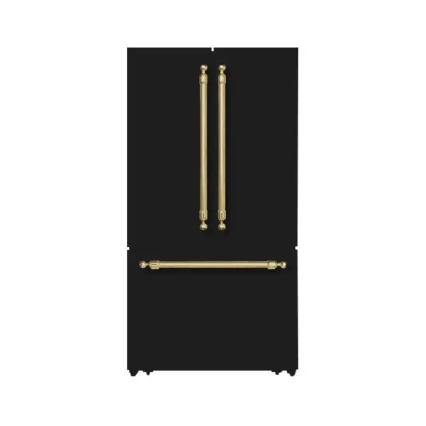 Hallman Industries 36 Inch Freestanding French Door, Counter Depth Refrigerator with Bottom Freezer Automatic Ice Maker Classico Brass Handles Glossy Black