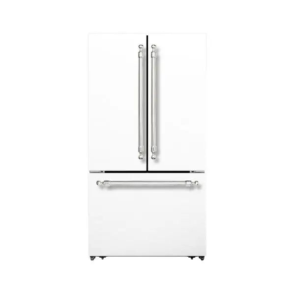 Hallman Industries 36 Inch Freestanding French Door, Counter Depth Refrigerator with Bottom Freezer Automatic Ice Maker Classico Chrome Handles White