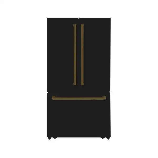 Hallman Industries 36 Inch Freestanding French Door, Counter Depth Refrigerator with Bottom Freezer Automatic Ice Maker Bold Bronze Handles Glossy Black