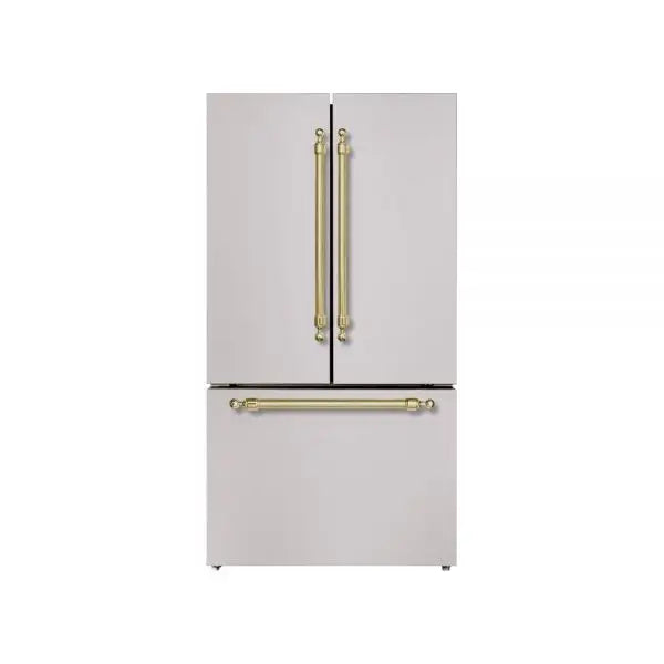 Hallman Industries 36 Inch Freestanding French Door, Counter Depth Refrigerator with Bottom Freezer Automatic Ice Maker Classico Brass Handles Stainless Steel