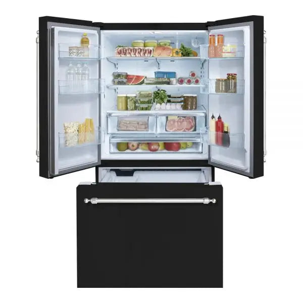Hallman Industries 36 Inch Freestanding French Door, Counter Depth Refrigerator with Bottom Freezer Automatic Ice Maker Classico Chrome Handles Glossy Black Open View