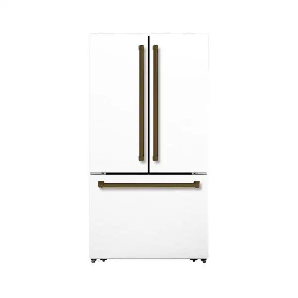 Hallman Industries 36 Inch Freestanding French Door, Counter Depth Refrigerator with Bottom Freezer Automatic Ice Maker Bold Bronze Handles White