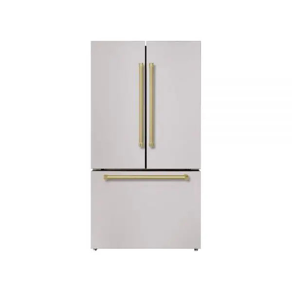 Hallman Industries 36 Inch Freestanding French Door, Counter Depth Refrigerator with Bottom Freezer Automatic Ice Maker Bold Brass Handles White Stainless Steel