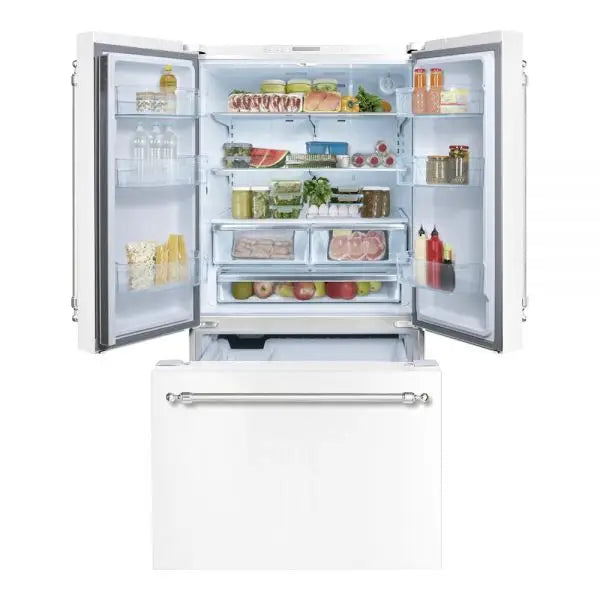 Hallman Industries 36 Inch Freestanding French Door, Counter Depth Refrigerator with Bottom Freezer Automatic Ice Maker Classico Chrome Handles White Open View