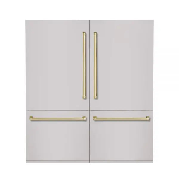 Hallman Industries 72 Inch Built-In Bottom Mount Freezer Refrigerator with Water Dispenser Automatic Ice Maker Bold Handles and Stainless Steel Panel Brass