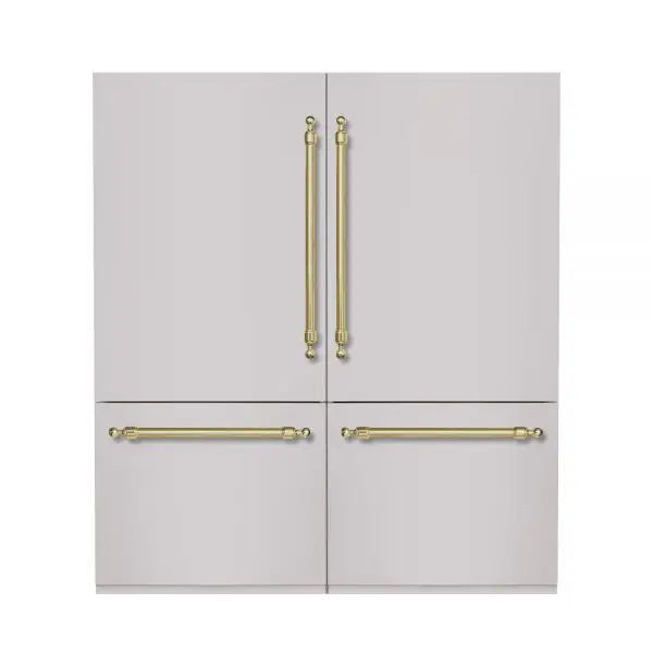 Hallman Industries 72 Inch Built-In Bottom Mount Freezer Refrigerator with Water Dispenser Automatic Ice Maker Classico Handles and Stainless Steel Panel Brass