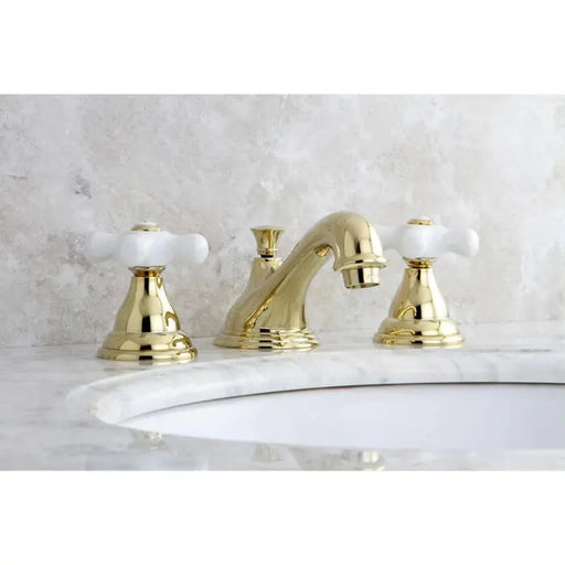 Kingston Brass Royale KS5562PX Two-Handle 3-Hole Deck Mount Widespread Bathroom Faucet Polished Brass 