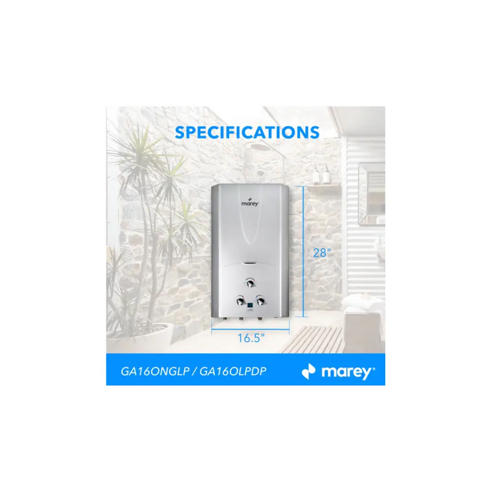 Marey Tankless Water Heater Gas 16L 4.2 GPM 109,000 BTU Outdoor Specifications