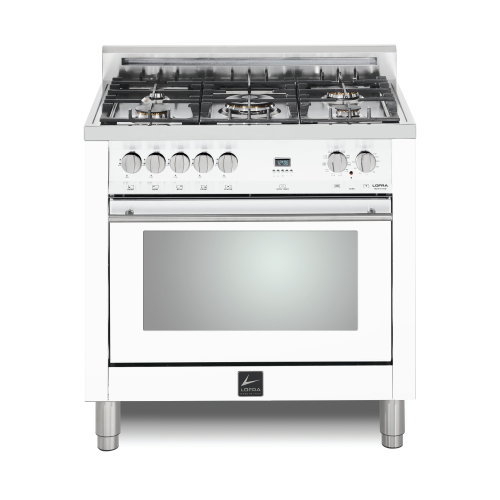 Lofra 36 Inch Maestro Freestanding Dual Fuel White Range with 5 Sealed Brass Burners, 3 Cu. Ft. Oven Capacity and True European Convection in Stainless Steel Trim
