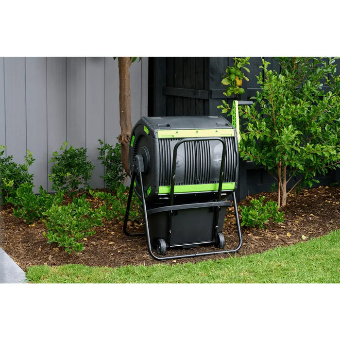 Riverstone Industries RSI-Maze 48 Gallon RSI-MCT-D180-CT Geared Two Compartment Compost Tumbler and Cart Back View Outdoor