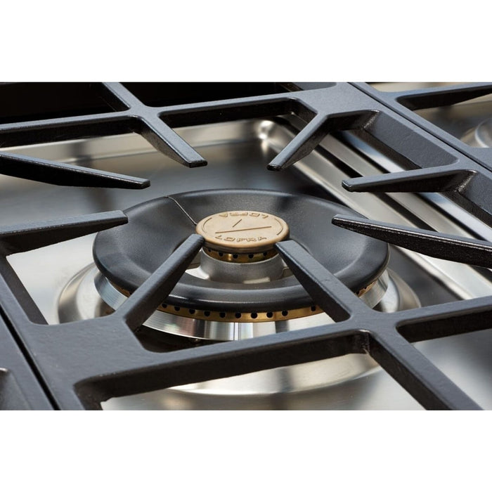 Lofra 36 Inch Maestro Freestanding Dual Fuel White Range with 5 Sealed Brass Burners, 3 Cu. Ft. Oven Capacity and True European Convection in Stainless Steel Trim