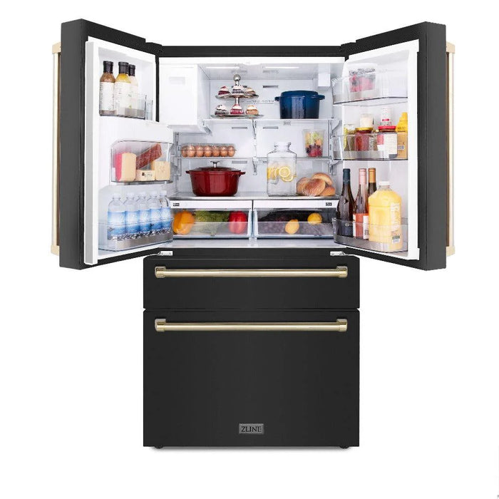 ZLINE 30" Autograph Edition Kitchen Package with Black Stainless Steel Dual Fuel Range, Range Hood, Dishwasher and Refrigeration with Gold Accents (4AKPR-RABRHDWV30-G)