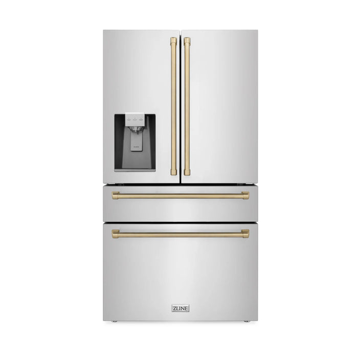 ZLINE 36" Autograph Edition Kitchen Package with Stainless Steel Dual Fuel Range, Range Hood, Dishwasher and Refrigeration with Champagne Bronze Accents (4AKPR-RARHDWM36-CB)