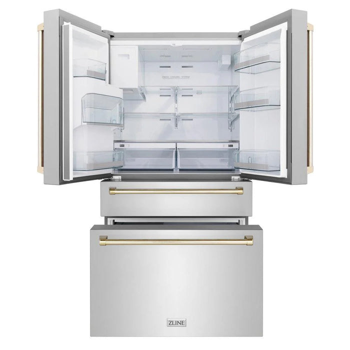 ZLINE 36" Autograph Edition Kitchen Package with Stainless Steel Dual Fuel Range, Range Hood, Dishwasher and Refrigeration with Gold Accents (4AKPR-RARHDWM36-G)