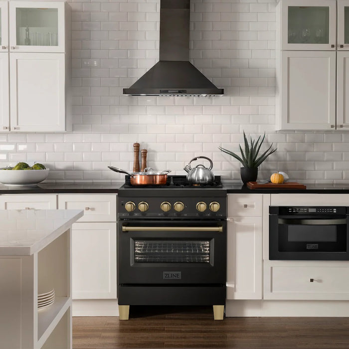ZLINE 30" Autograph Edition Kitchen Package with Black Stainless Steel Dual Fuel Range, Range Hood and Dishwasher with Champagne Bronze Accents (3AKP-RABRHDWV30-CB)